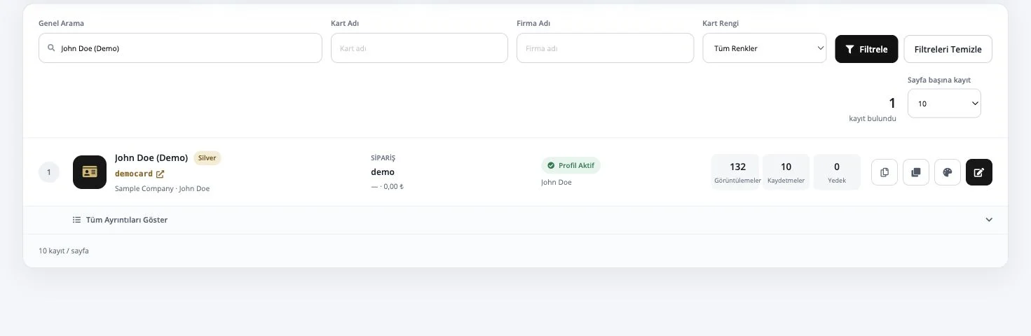 Demo verilerle kurumsal kart ve profil listesi